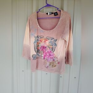 Women's Tan Ombre Floral Bohemian Shirt Size Large Boho